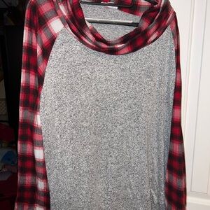 Plaid Cowl Neck Sweatshirt - Red and Gray